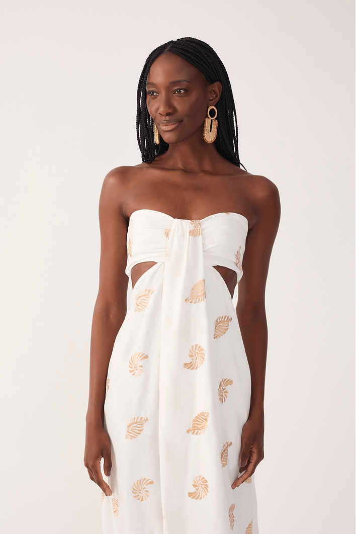 Vestido Linho Bordado Concha Lurex