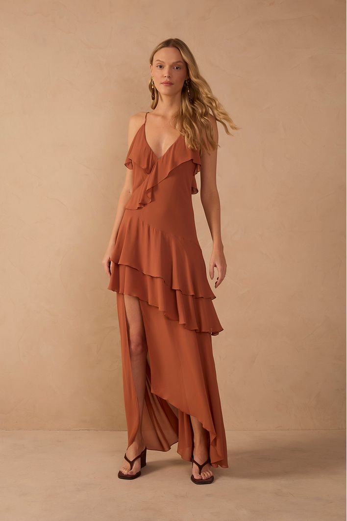 Vestido Cropped Crepe Babado Decote