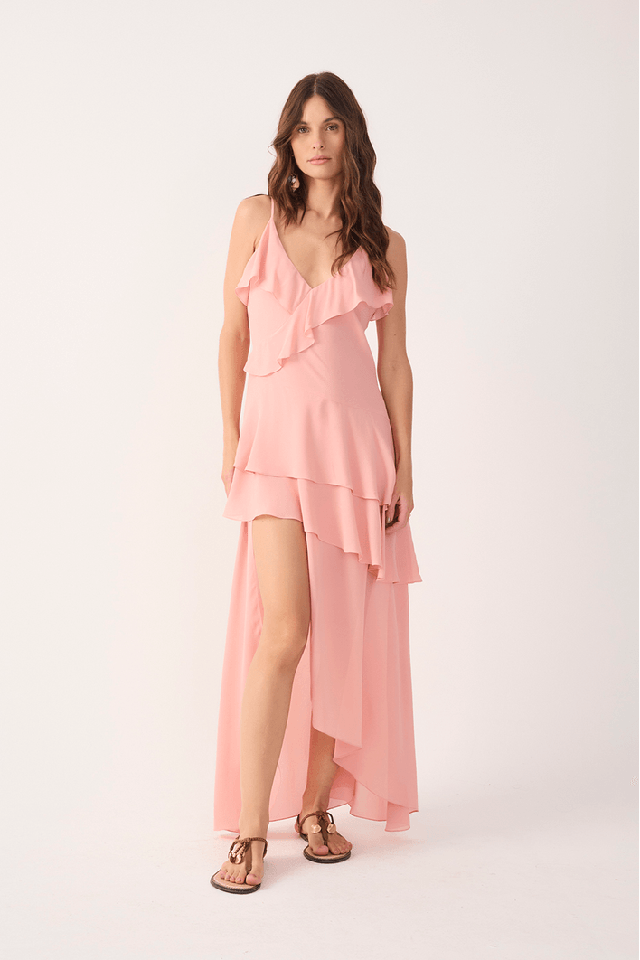 Vestido Cropped Crepe Babado Decote