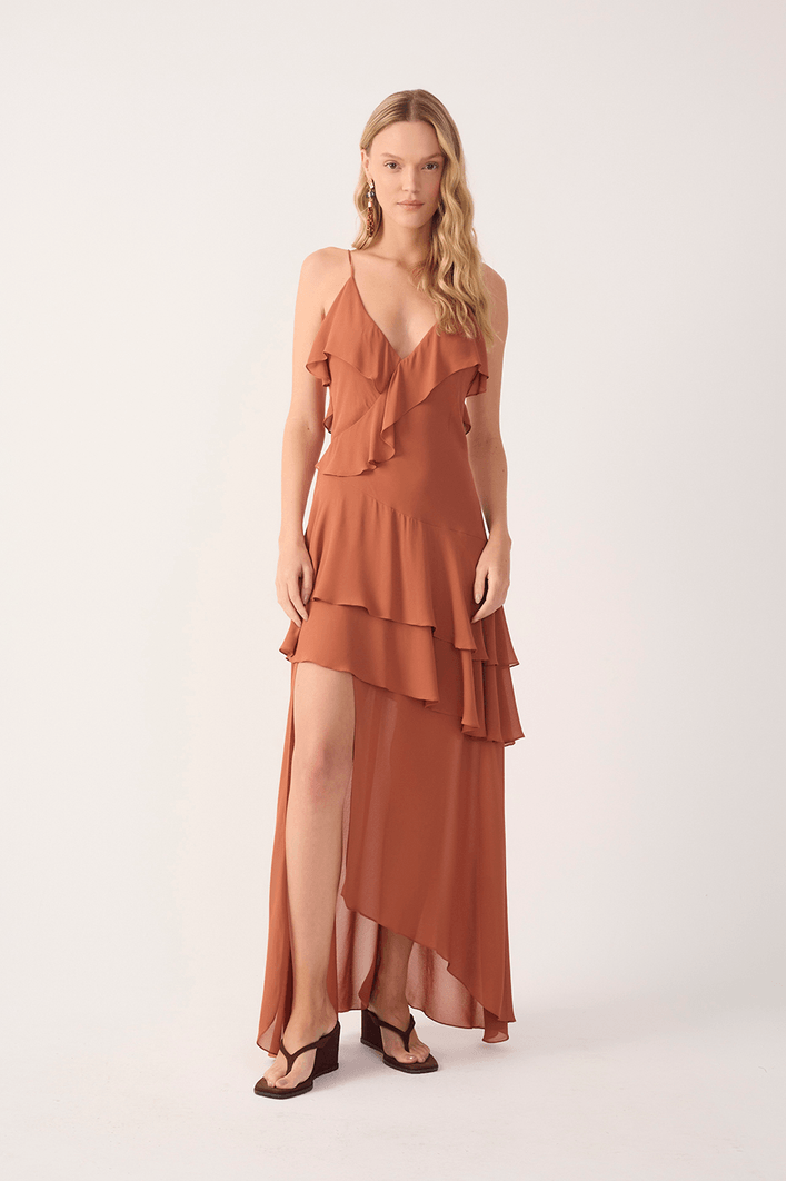 Vestido Cropped Crepe Babado Decote