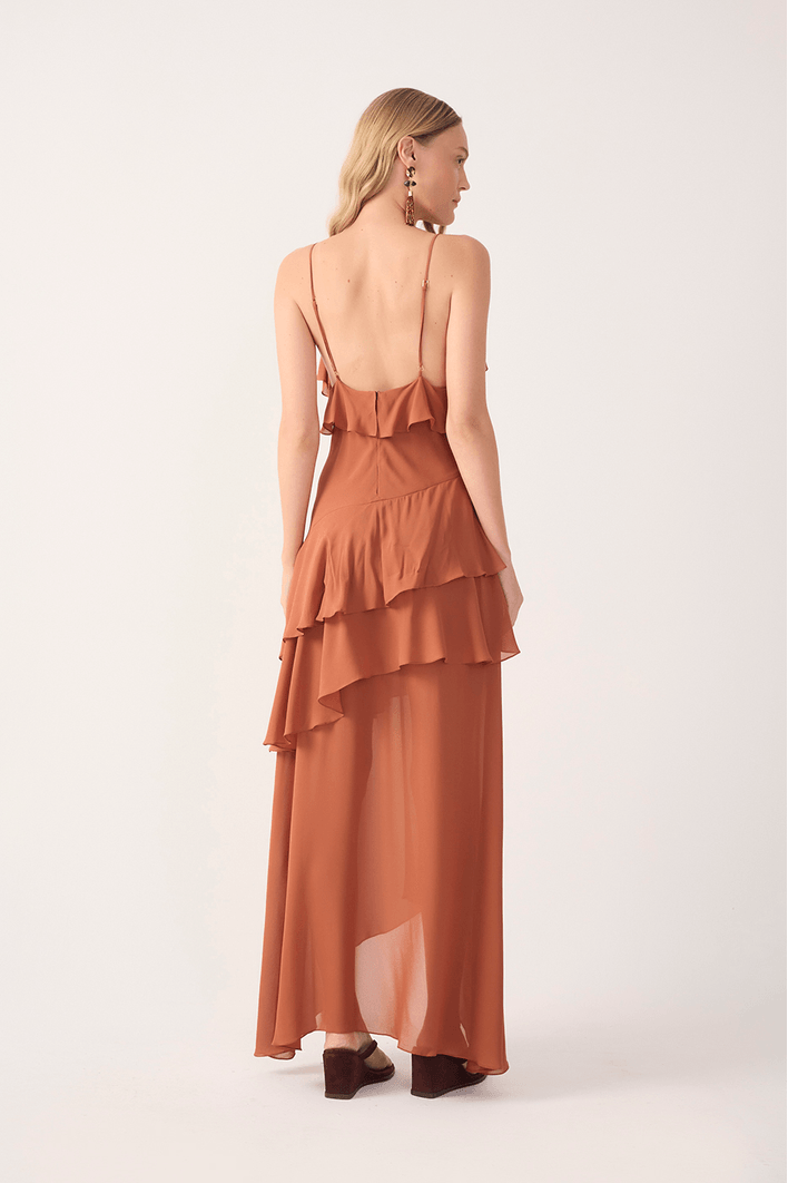 Vestido Cropped Crepe Babado Decote