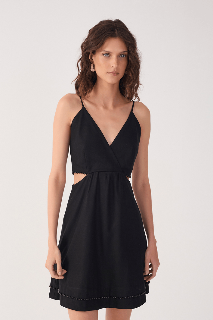 Vestido Curto Linho Bordado Miçanga