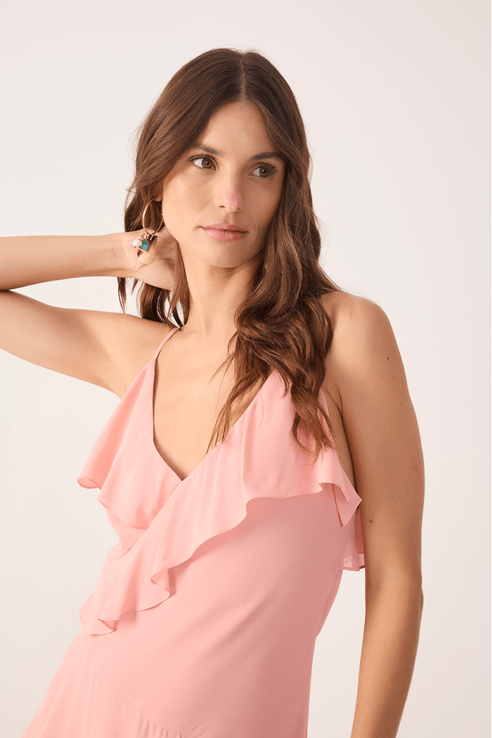 Vestido Cropped Crepe Babado Decote
