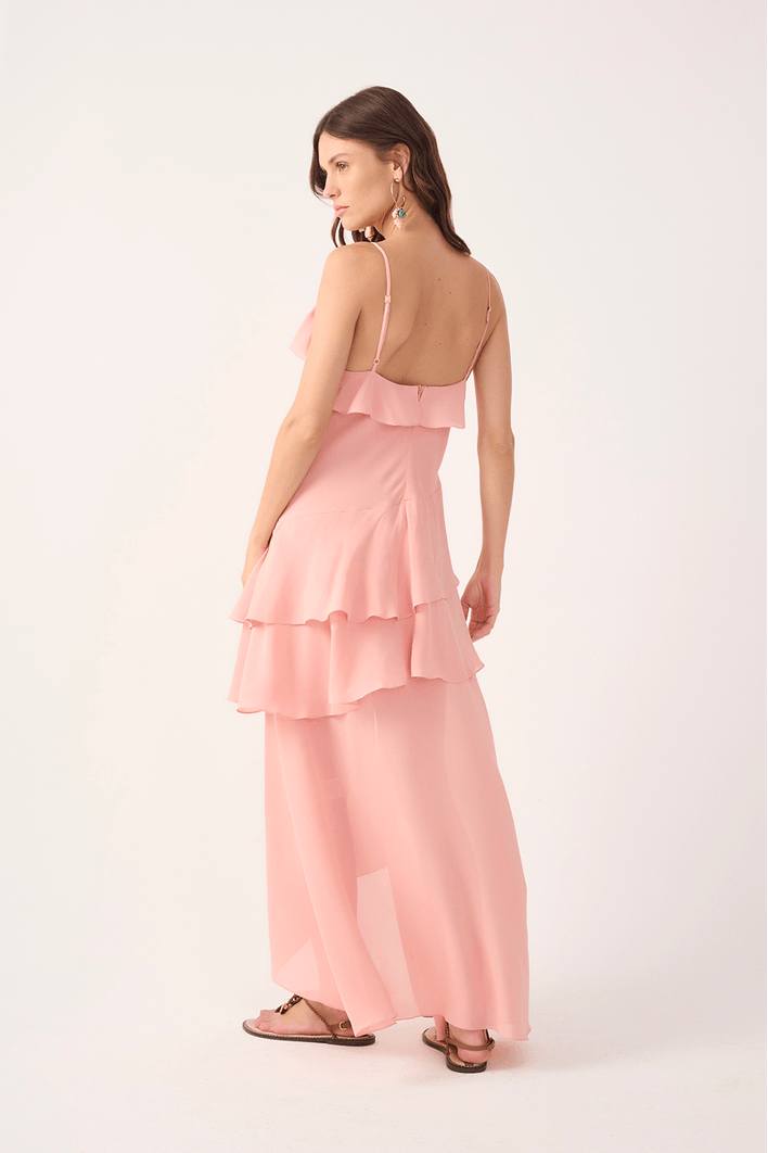 Vestido Cropped Crepe Babado Decote