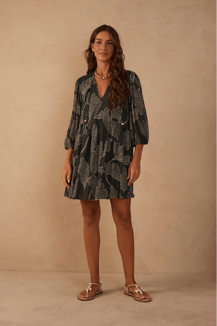 Vestido Curto Tule Estampa Ramos