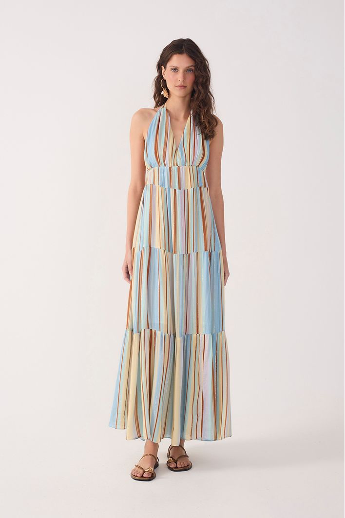 Vestido Longo Lurex Estampa Listra Céu