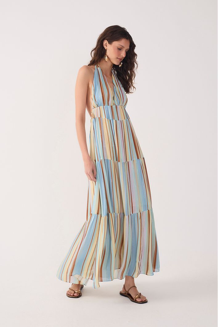 Vestido Longo Lurex Estampa Listra Céu