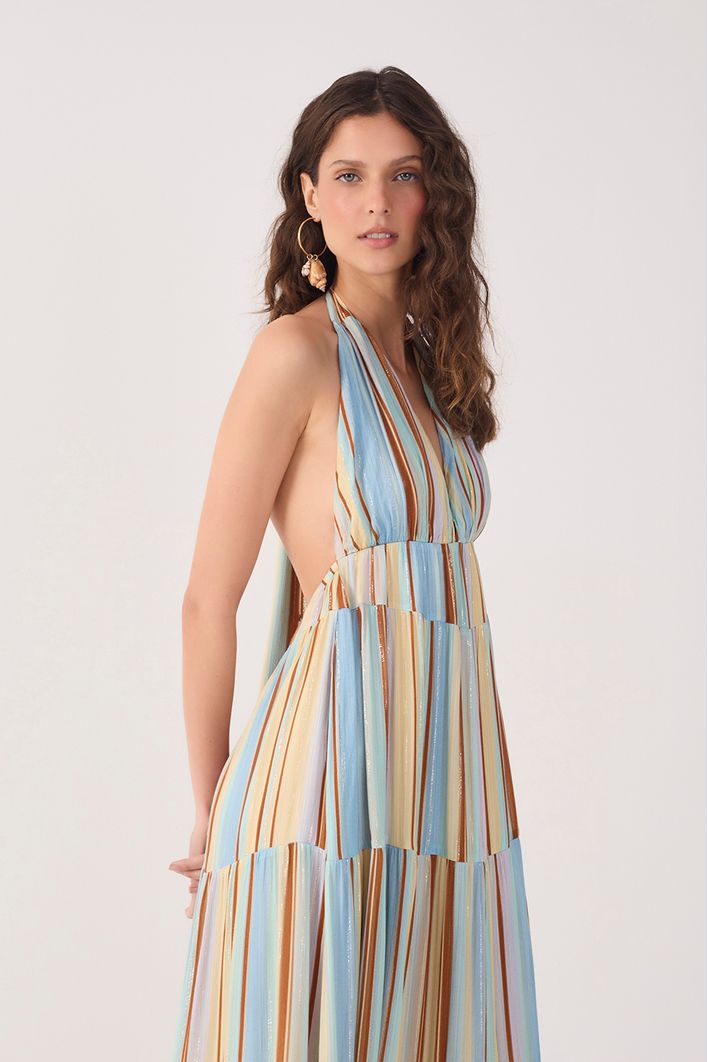 Vestido Longo Lurex Estampa Listra Céu