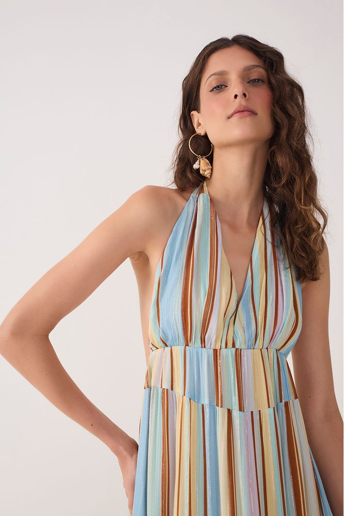 Vestido Longo Lurex Estampa Listra Céu