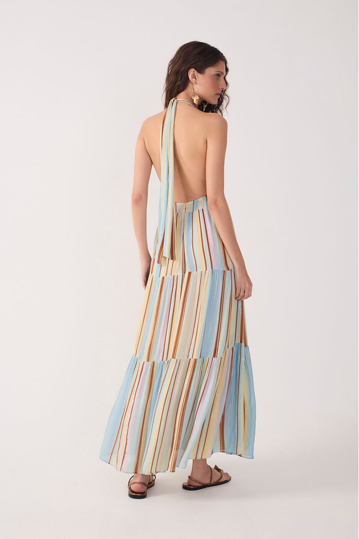 Vestido Longo Lurex Estampa Listra Céu