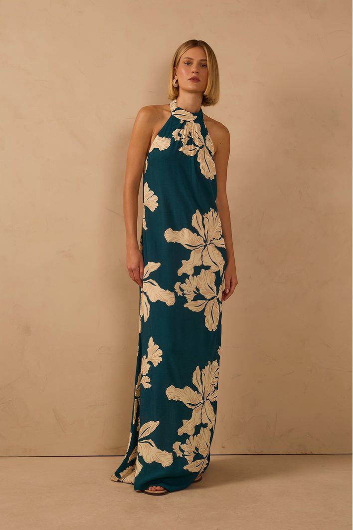 Vestido Longo Estampa Pétala Verde