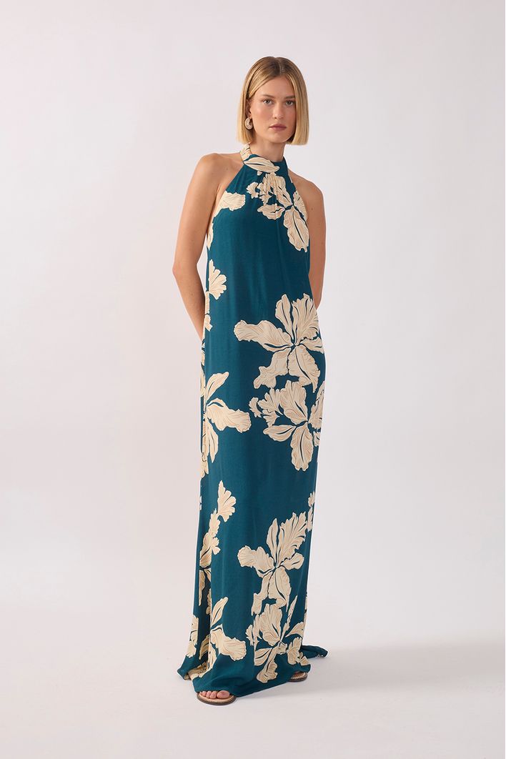 Vestido Longo Estampa Pétala Verde