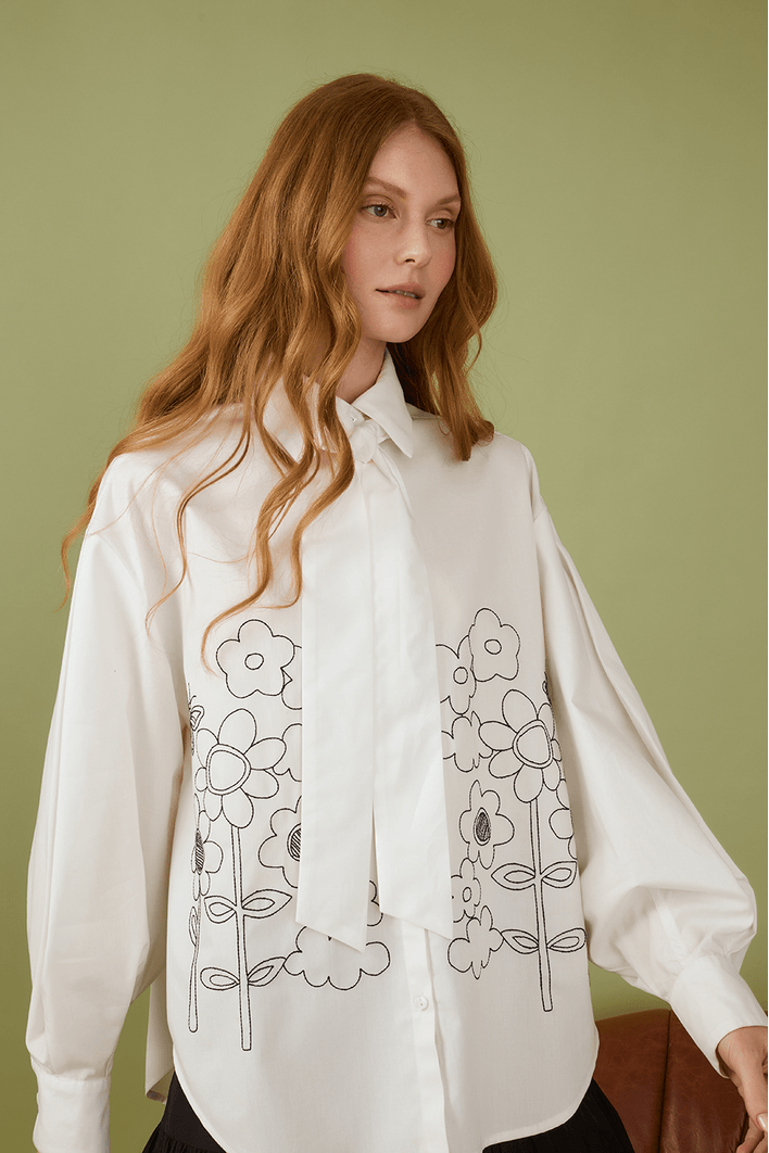 Camisa Algodão Bordada Com Pregas