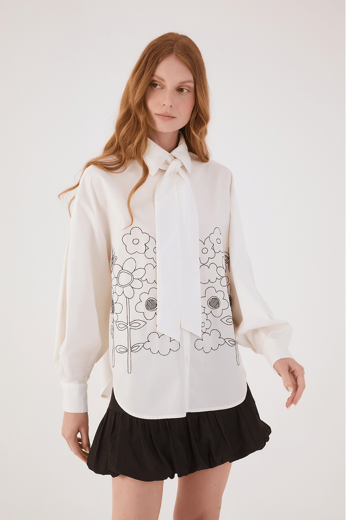 Camisa Algodão Bordada Com Pregas