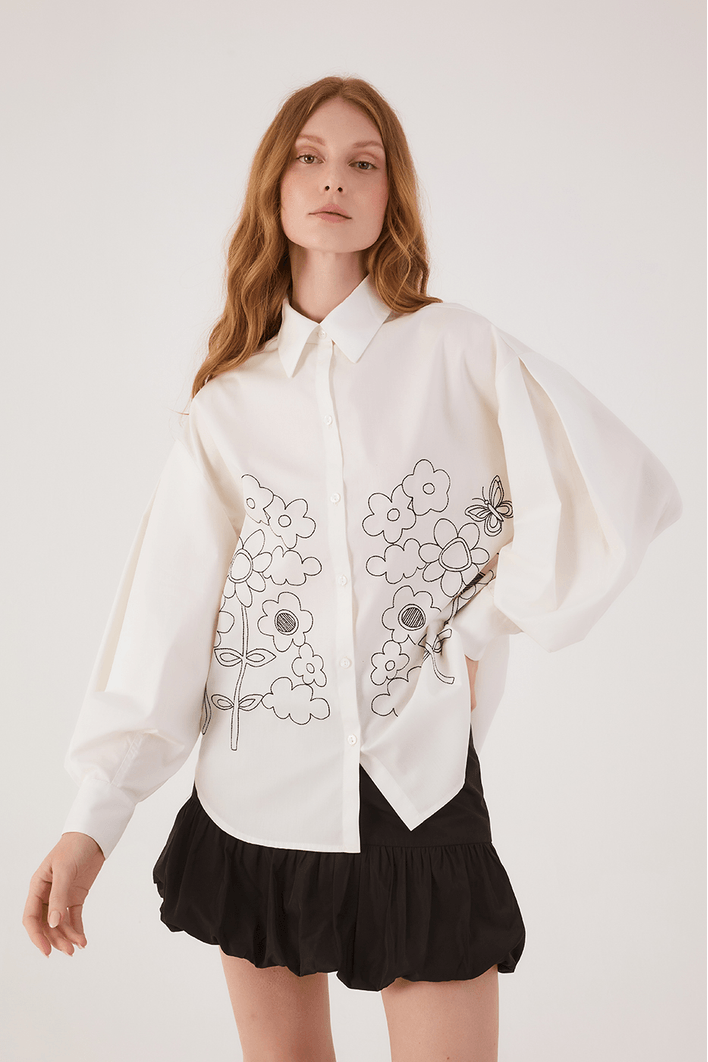 Camisa Algodão Bordada Com Pregas