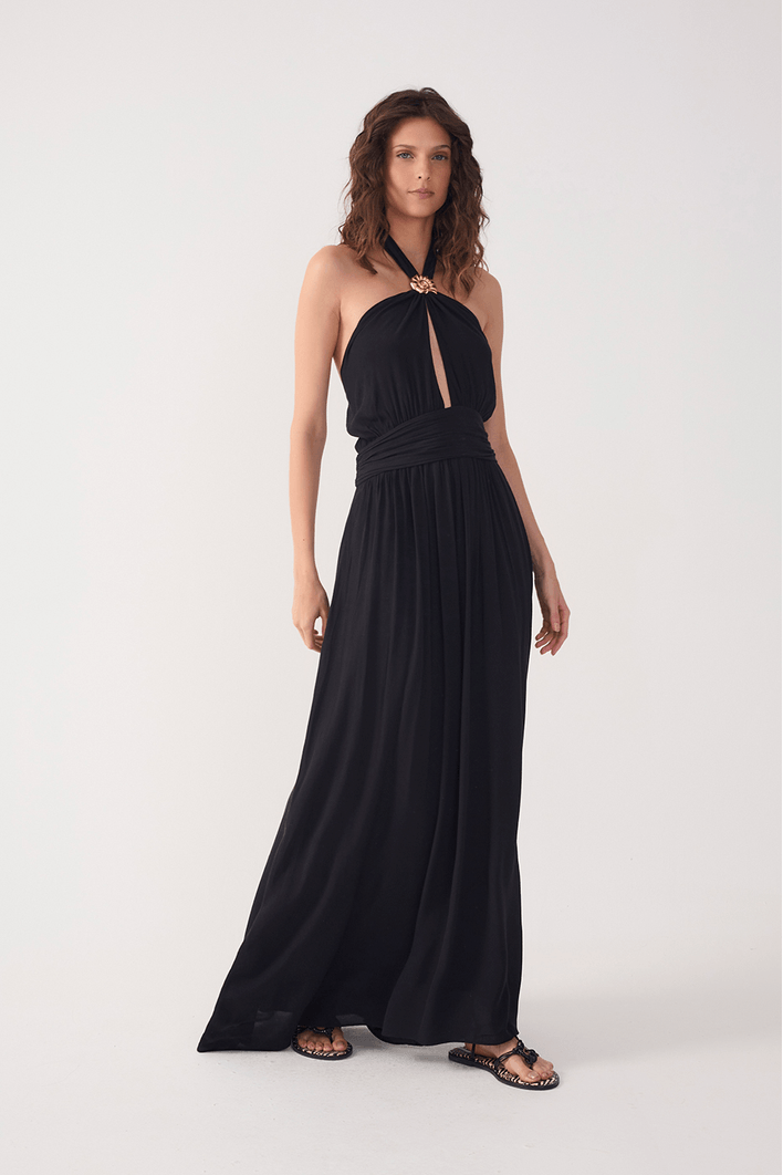 Vestido Longo Crepe Detalhe Concha