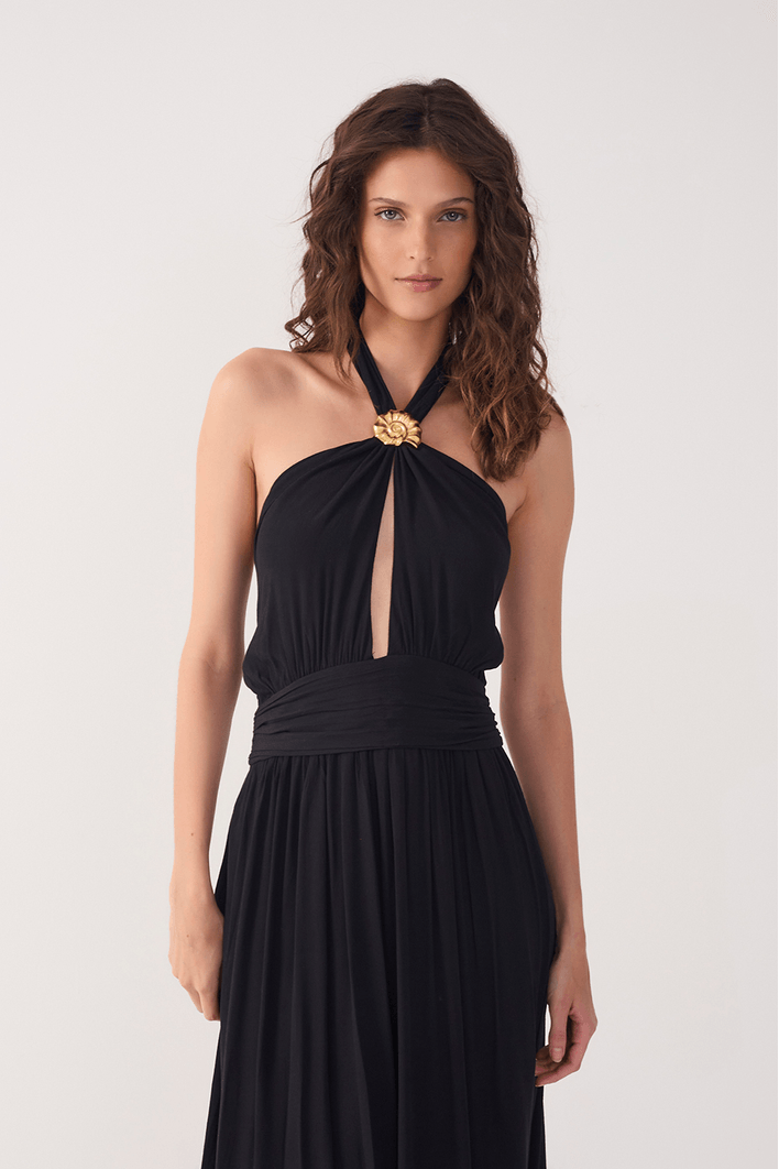 Vestido Longo Crepe Detalhe Concha