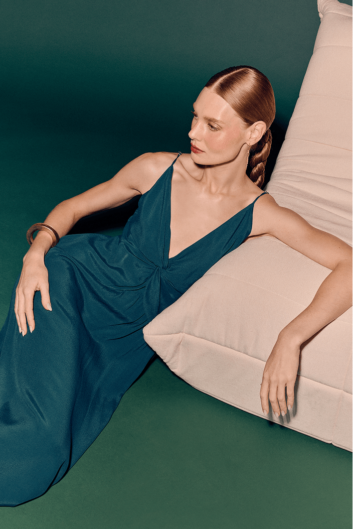 Vestido Longo Crepe Busto Torcido