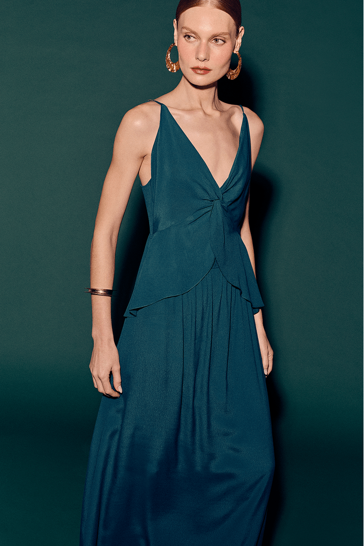 Vestido Longo Crepe Busto Torcido