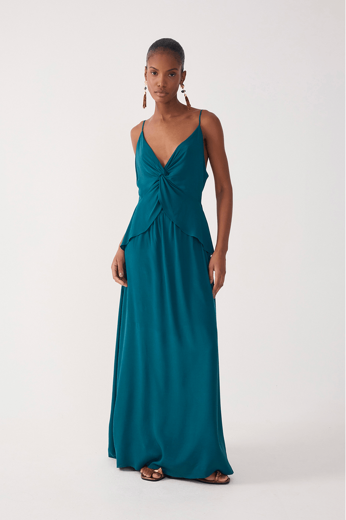 Vestido Longo Crepe Busto Torcido