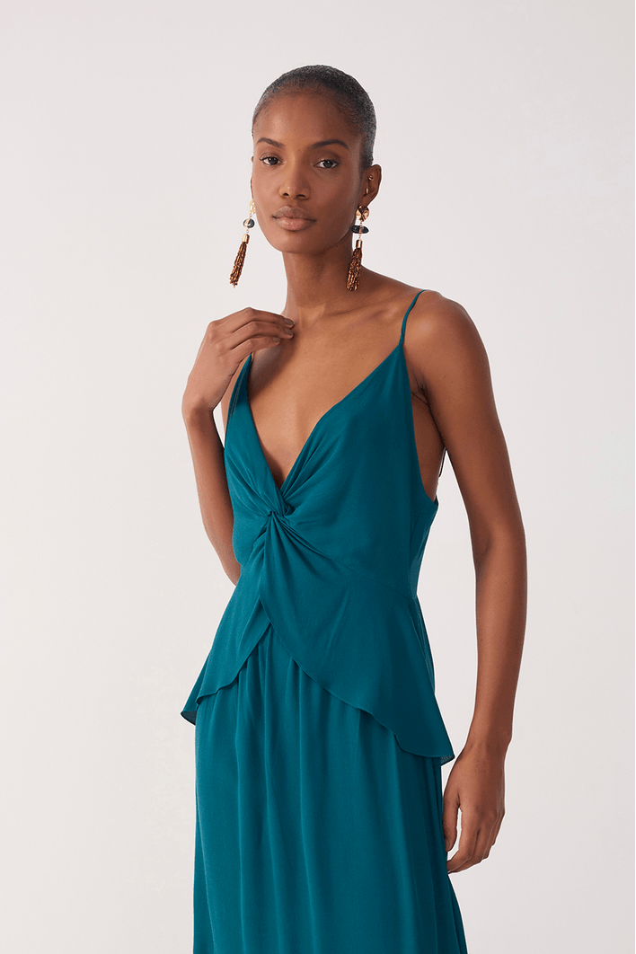 Vestido Longo Crepe Busto Torcido