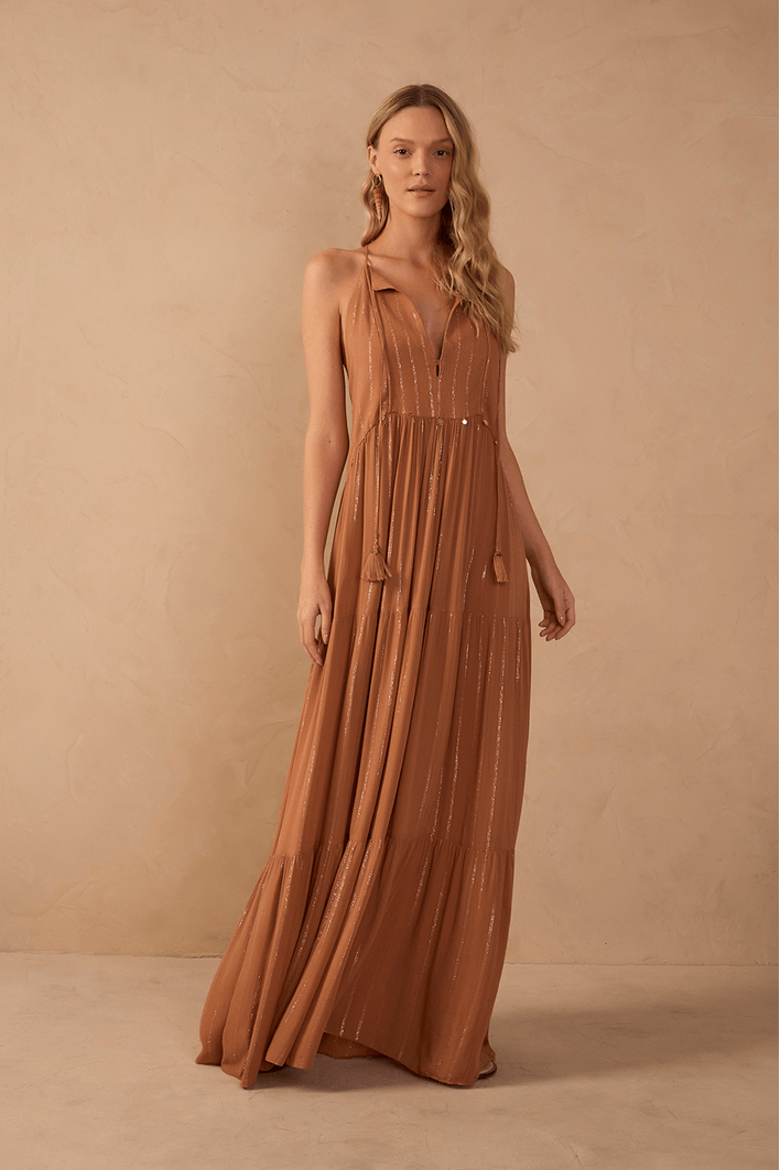 Vestido Longo Lurex Bordado Moedinha