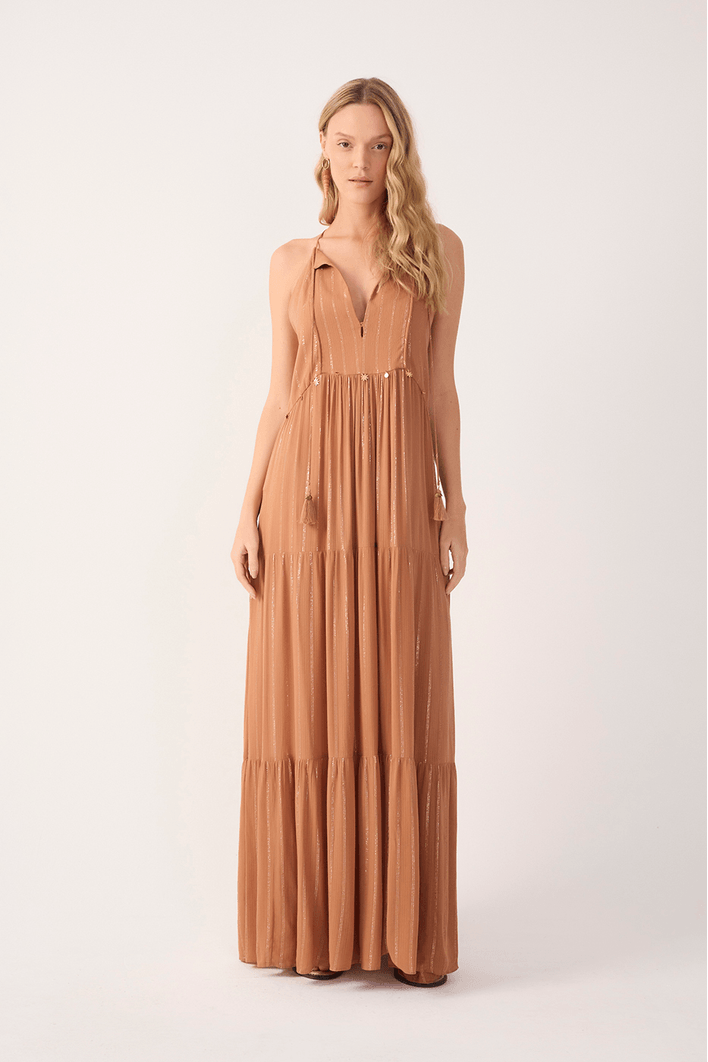 Vestido Longo Lurex Bordado Moedinha