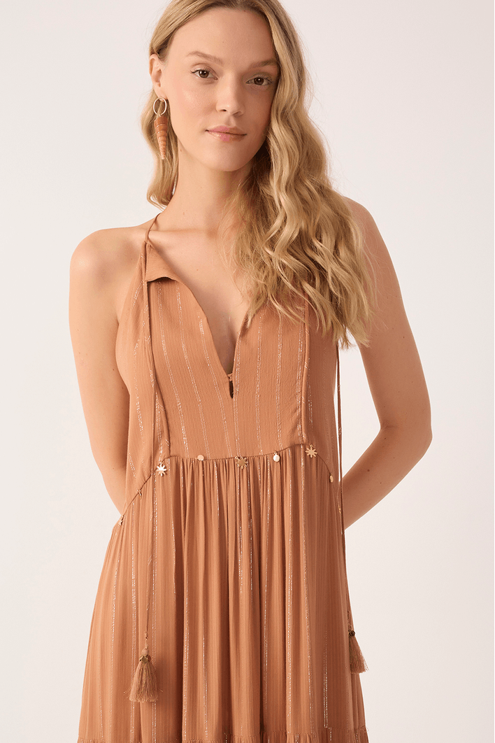 Vestido Longo Lurex Bordado Moedinha