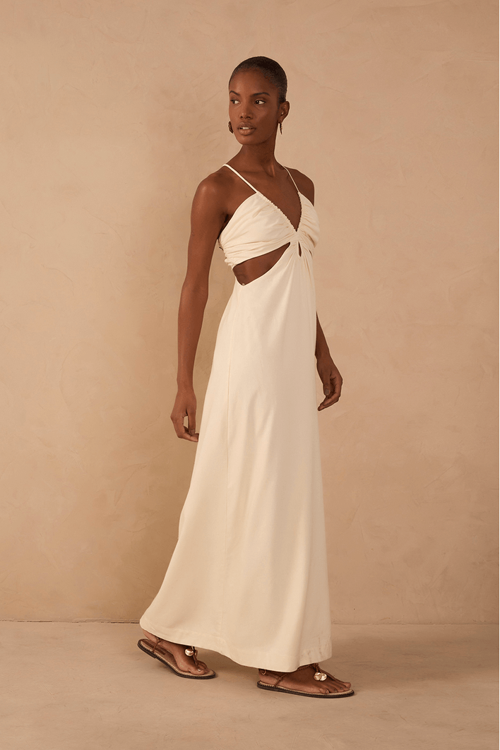 Vestido Longo Linho Busto Franzido