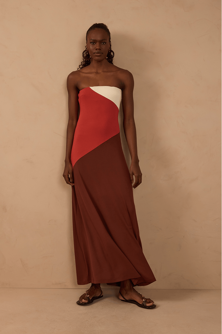 Vestido Sem Alça Recortes Tricolor