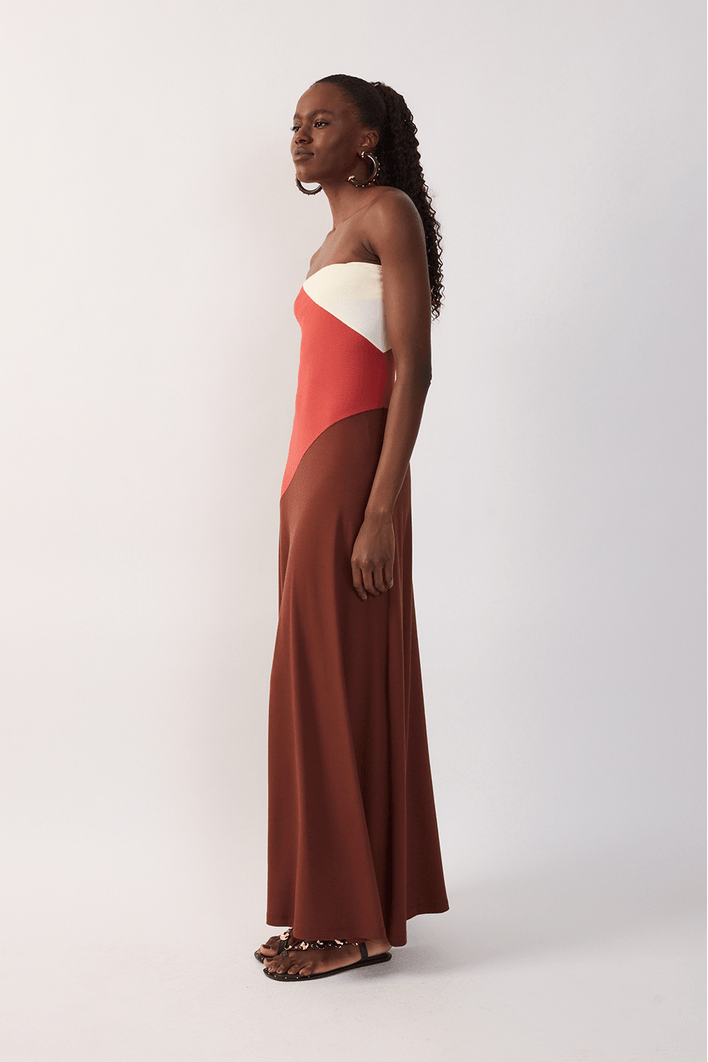 Vestido Sem Alça Recortes Tricolor