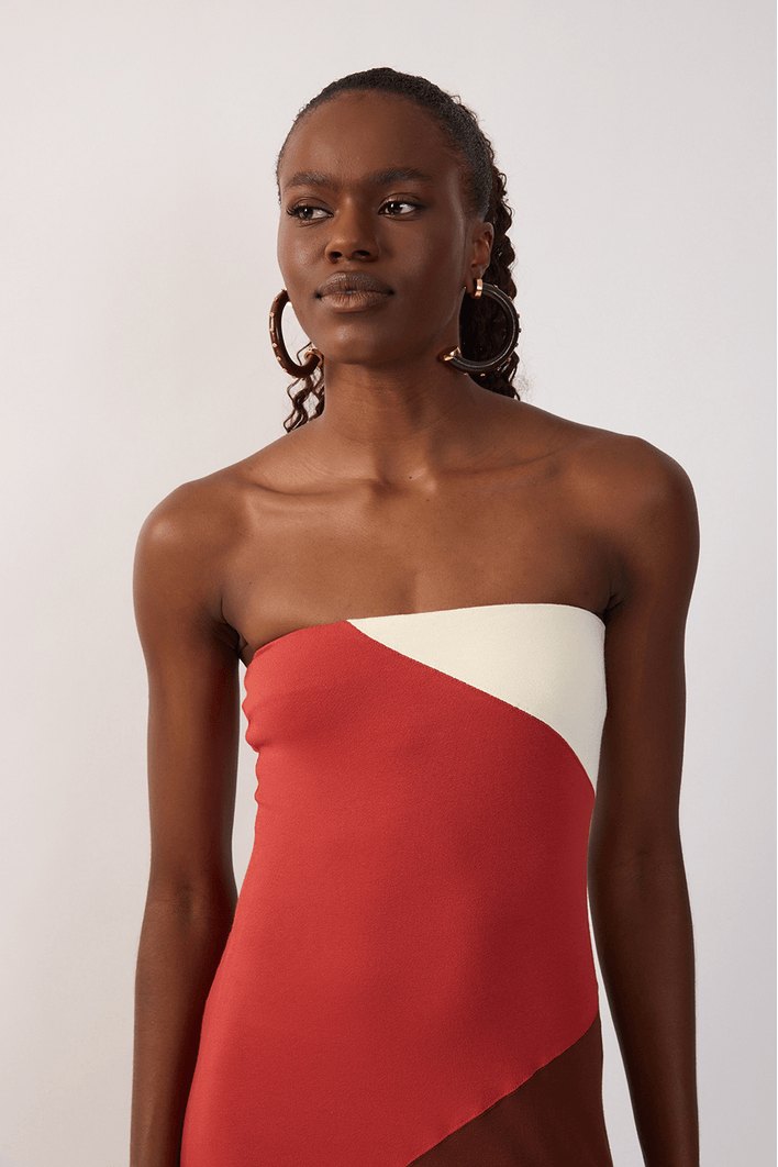 Vestido Sem Alça Recortes Tricolor