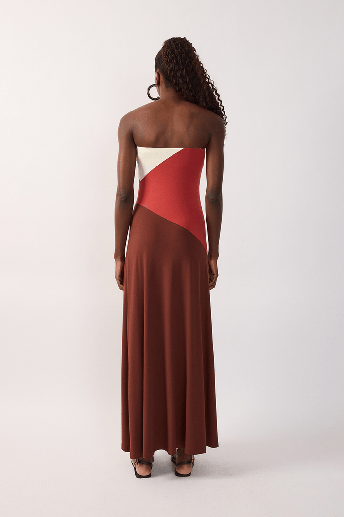 Vestido Sem Alça Recortes Tricolor