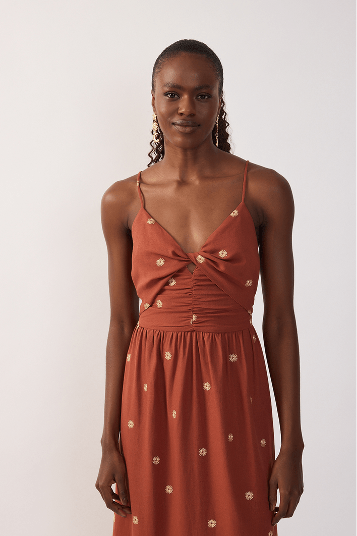 Vestido Cropped Linho Bordado Lurex Sol