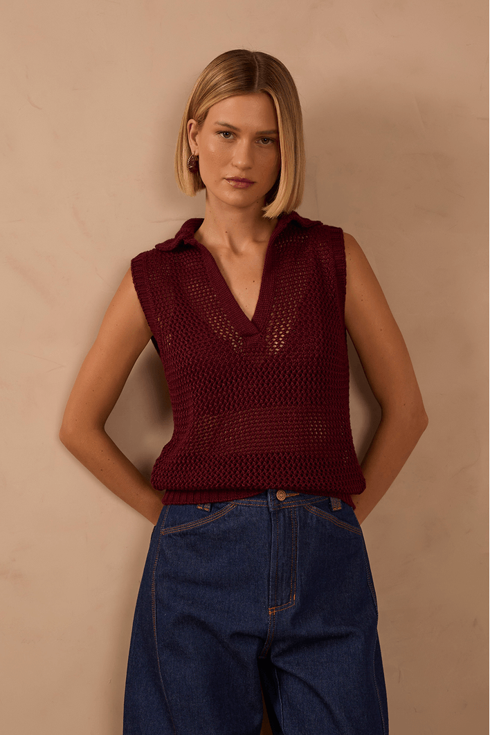 Blusa Tricot Gola Quadradinhos