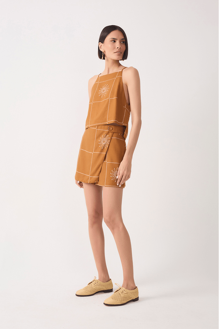 Short Saia Linho Xadrez Sol