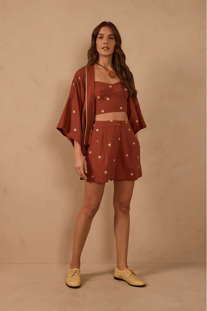 Short Linho Fenda Bordado Lurex Sol