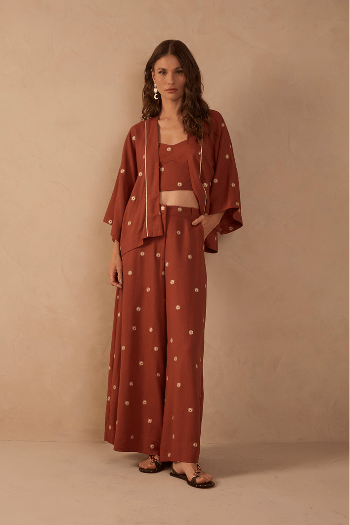 Calça Linho Bordado Lurex Sol