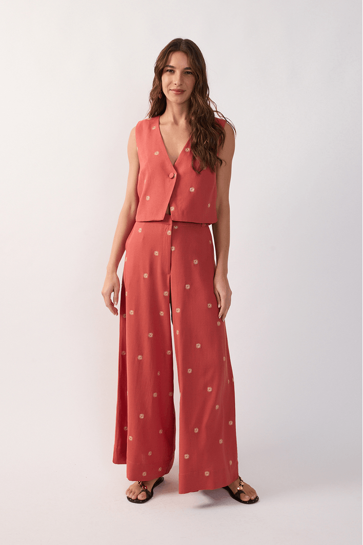 Calça Linho Bordado Lurex Sol