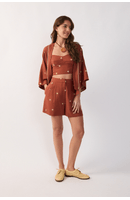 Short Linho Fenda Bordado Lurex Sol