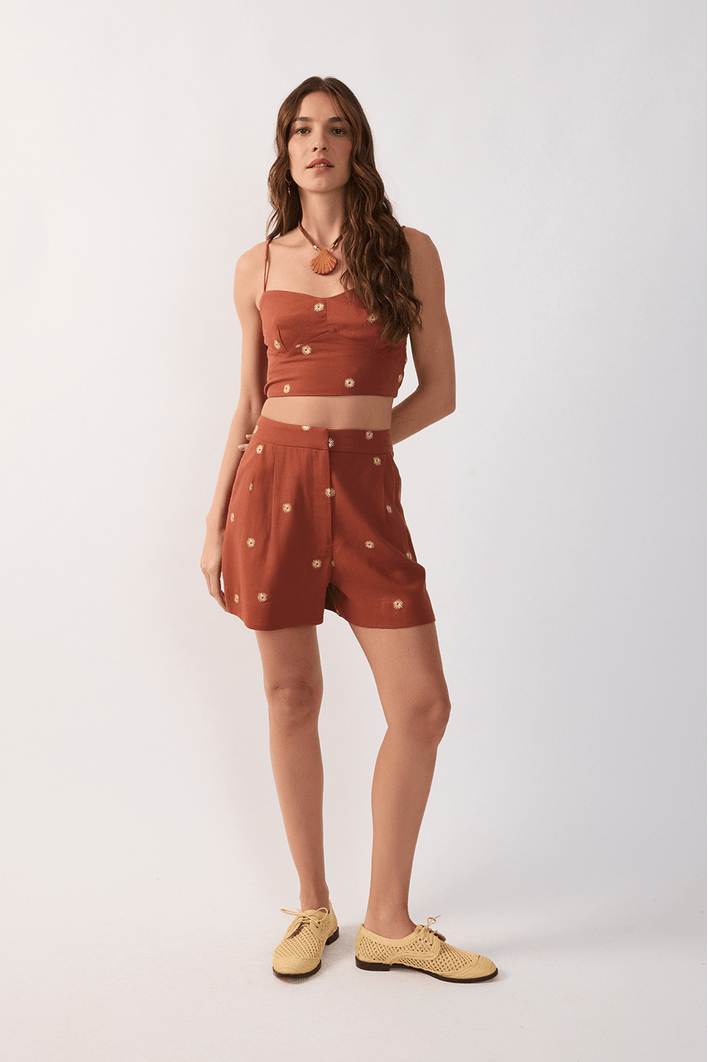 Short Linho Fenda Bordado Lurex Sol