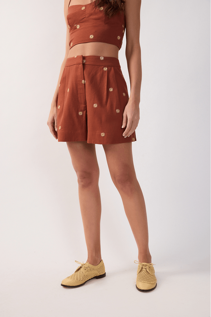 Short Linho Fenda Bordado Lurex Sol