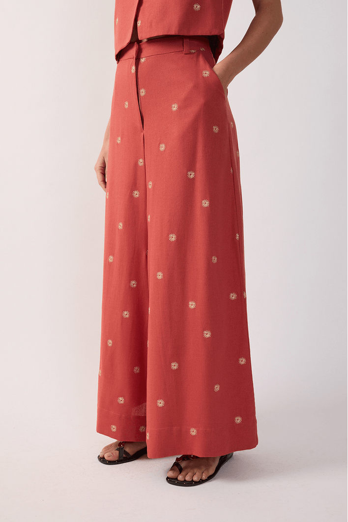 Calça Linho Bordado Lurex Sol