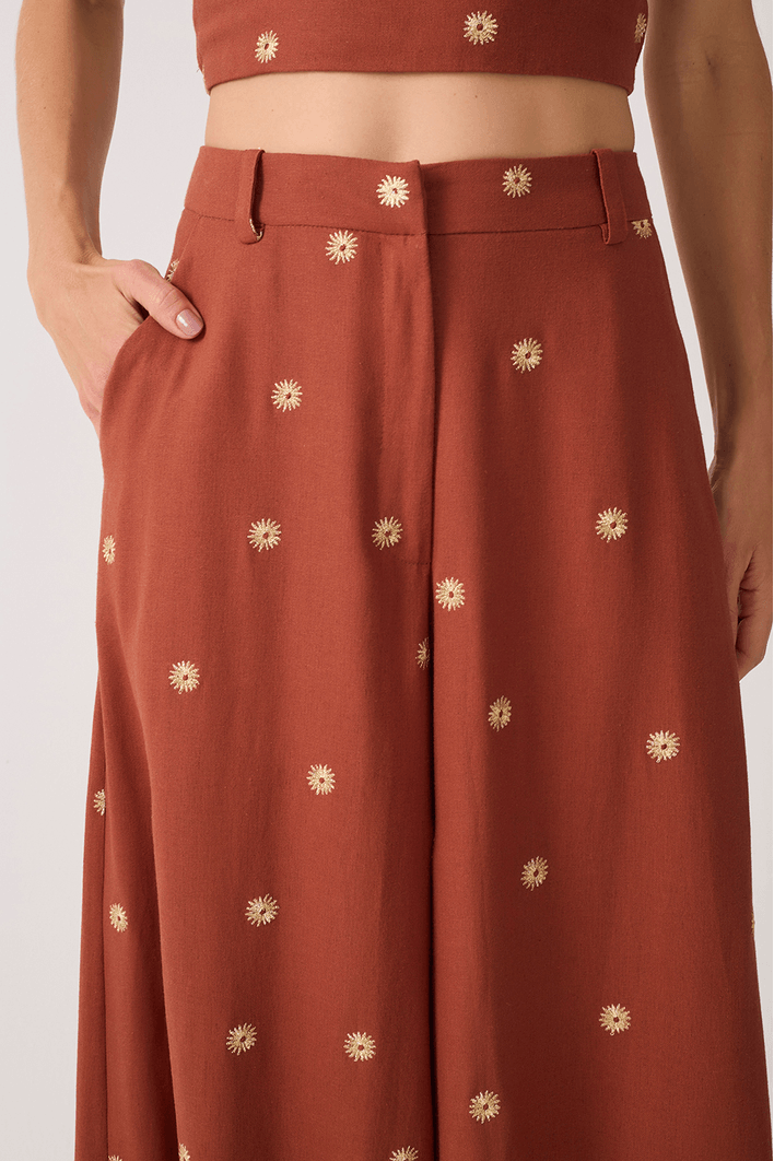 Calça Linho Bordado Lurex Sol