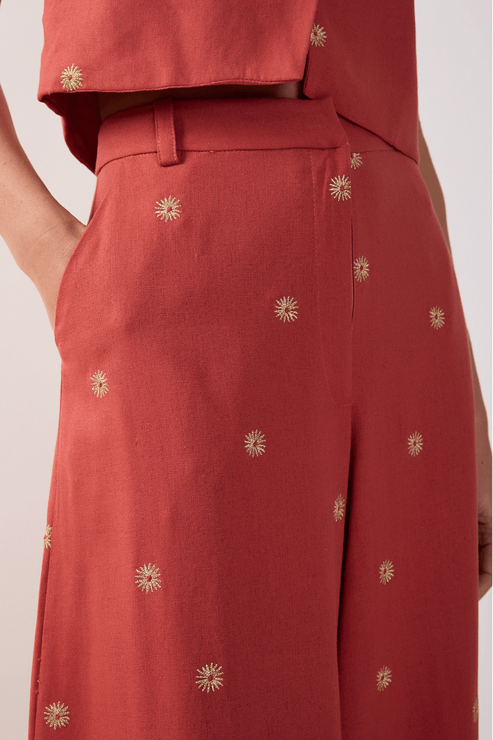 Calça Linho Bordado Lurex Sol