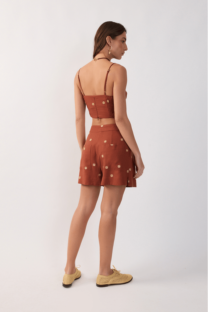 Short Linho Fenda Bordado Lurex Sol