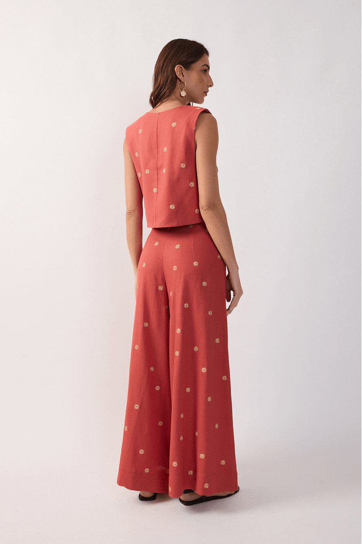 Calça Linho Bordado Lurex Sol