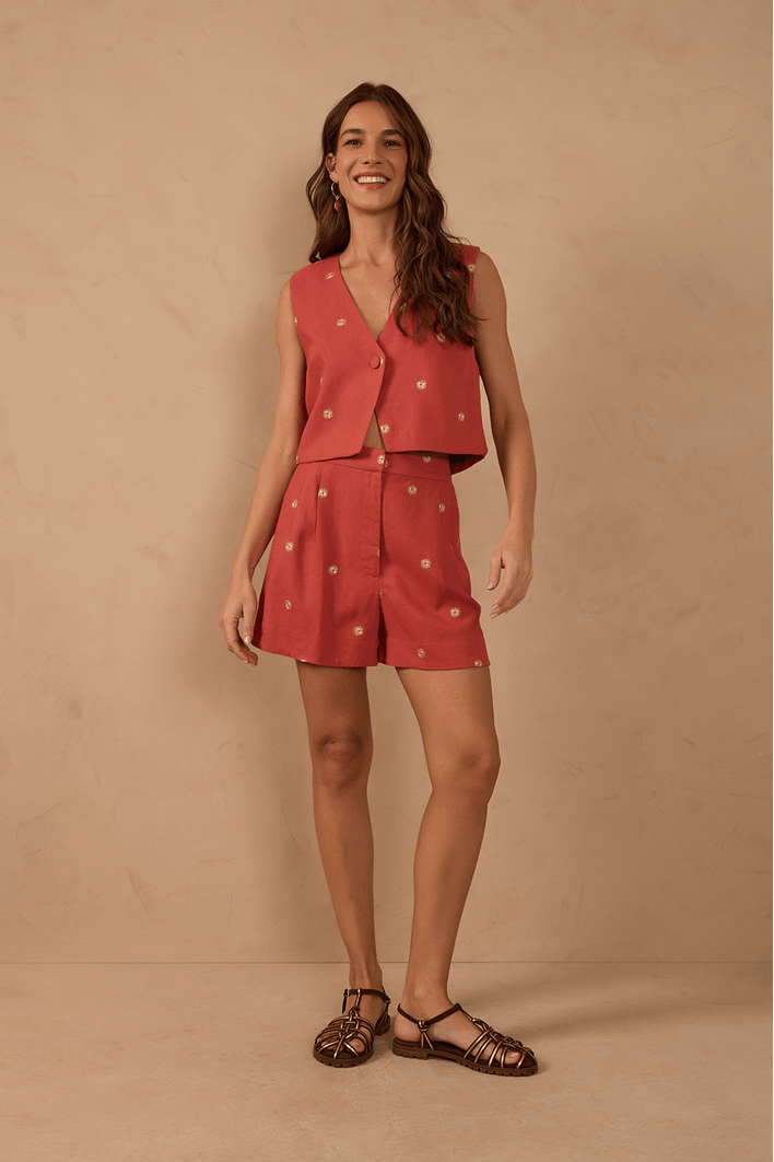 Short Linho Fenda Bordado Lurex Sol