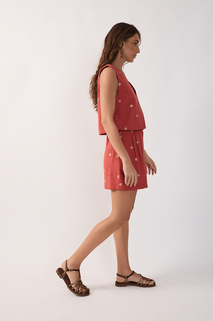 Short Linho Fenda Bordado Lurex Sol