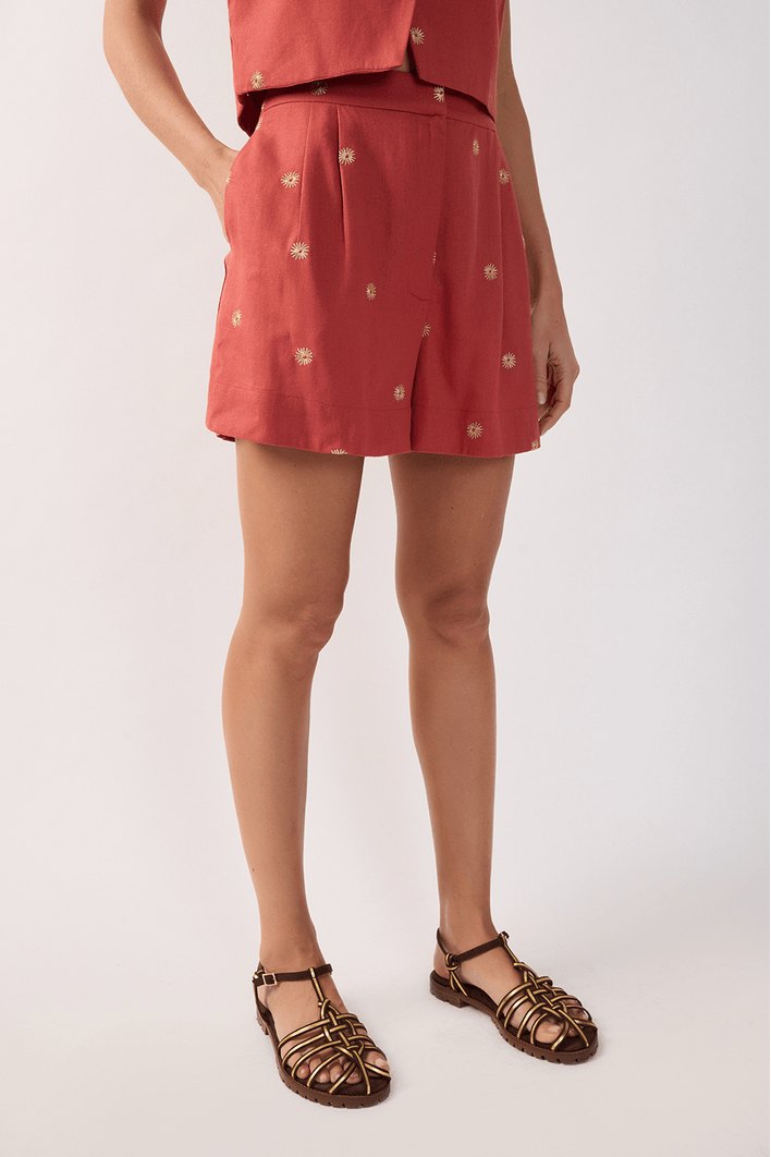 Short Linho Fenda Bordado Lurex Sol